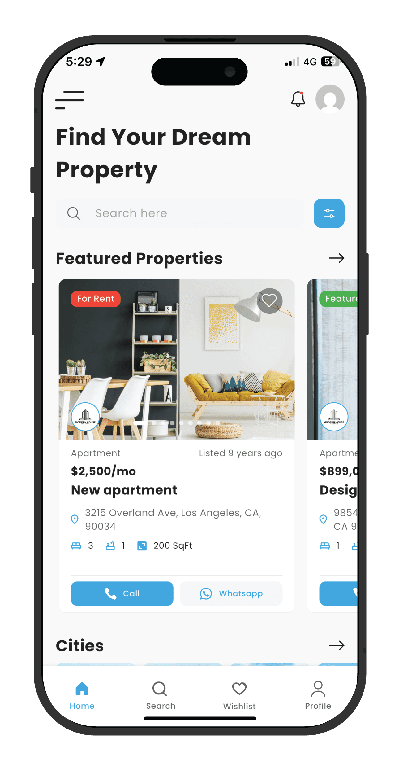 Home screen with featured properties and search