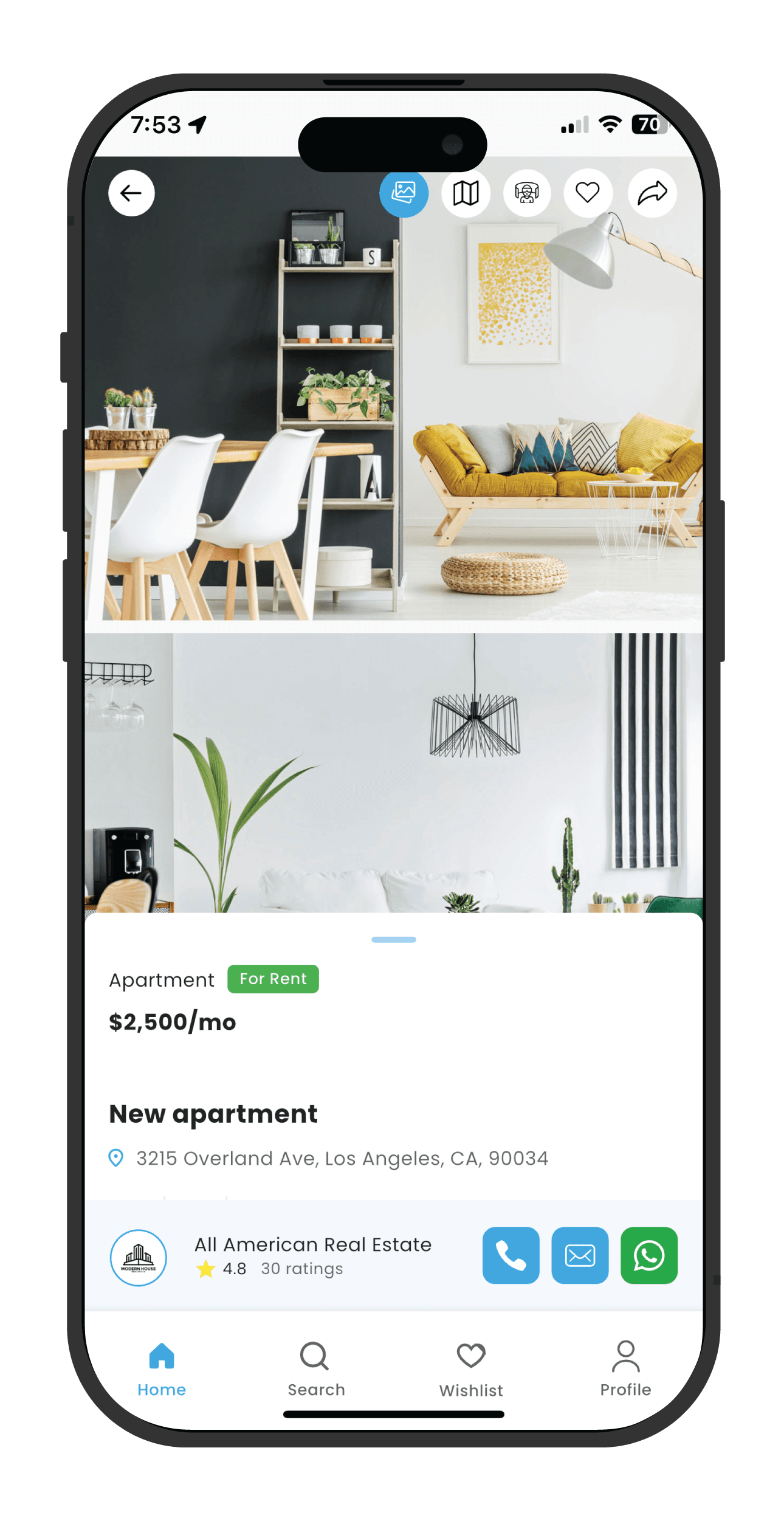 Property detail with photos, price, and agent contact